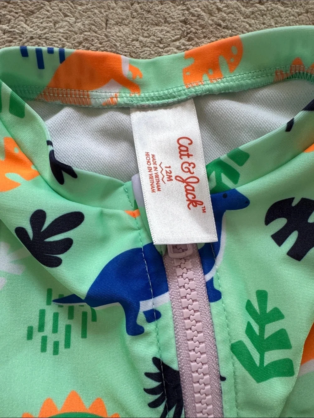 Cat & Jack Mint Green Long-Sleeve Dino 12 Month Swimsuit w/Blue & Orange Accents
